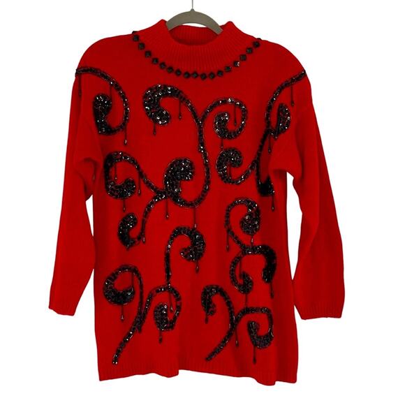 Vintage Sheridan Square Red Silk Wool Blend Tunic Sweater Womens M Beaded Sequin - Picture 5 of 7